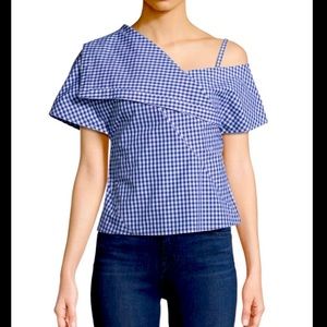 Theory One-Shoulder Foldover Gingham Top NWT M